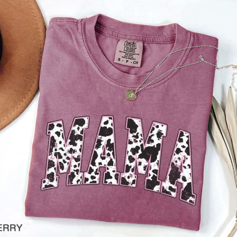 Mama Pink Cow Western T-shirt, Western Mama T-Shirt, Retro Mama Varsity Shirt, gift for mothers Day, Women's T-Shirt