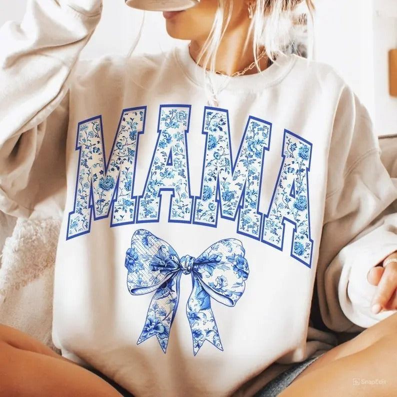 Mama Retro Chinoiserie Coquette Bow Sweater, Mama Coquette Bow Varsity Shirt