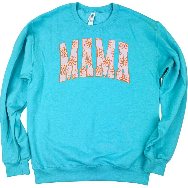 Mama Retro Flowers Gildan Sweatshirt -- SCUBA BLUE
