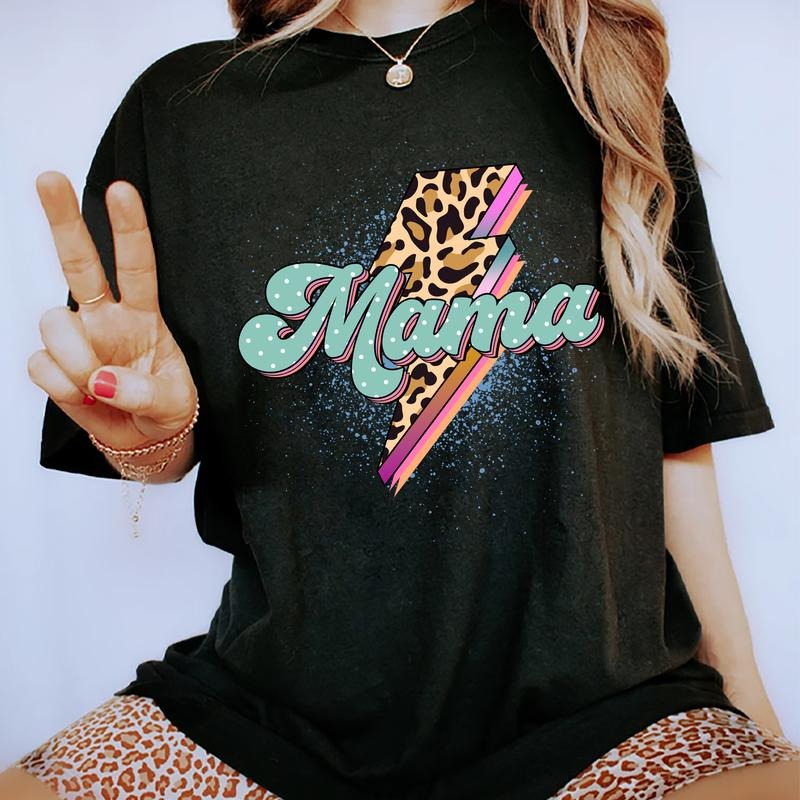 Mama Shirt, Cool Moms Shirts, Leopard Thunder Mama Tee, Leopard Mama Graphic Printed Cotton Fabric Shirts For Women, T-Shirt For Mom, Mother's Day Gifts, Casual Style, Women's Top, Womenswear Comfort Fic Chic Style