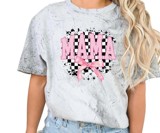 Mama with pink bow and checkers Comfort colors Tee shirt