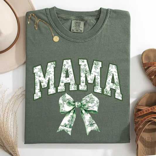 Mama, Chinoiserie, Coquette, Bow, Ribbon, St Patrick's Day, Shamrock, Clover, Lucky, Leprechaun Tshirt, Women's Comfort Colors Tee