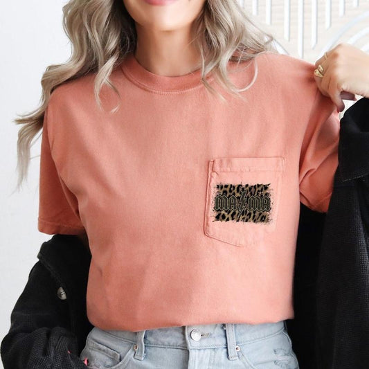 Mama, Leopard Print, Rock, Pocket Tee, Women's Comfort Colors Tee