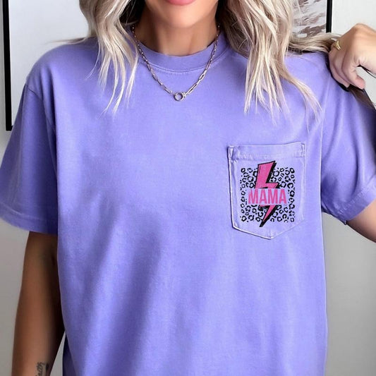 Mama, Lightening Bolt, Leopard Print, Pink, Pocket Tee, Women's Comfort Colors Tee