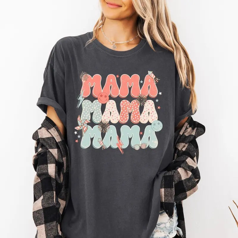 Mama, Patriotic, 4th of July, Fireworks, Retro, USA, America, 4th of July Tshirt, Women's Comfort Colors Tee