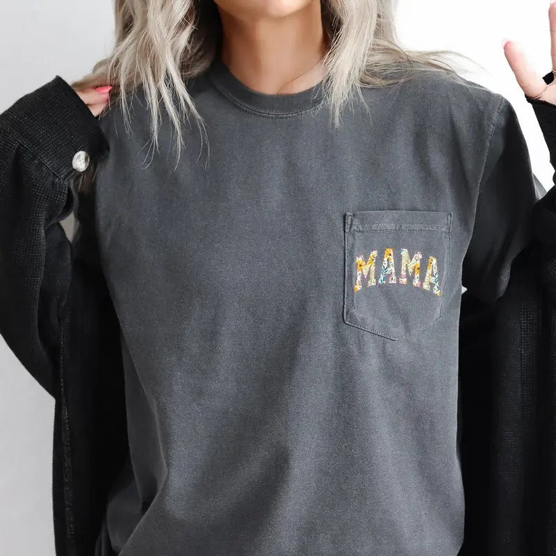 Mama, Retro Floral, Pocket Tee, Women's Comfort Colors Tee