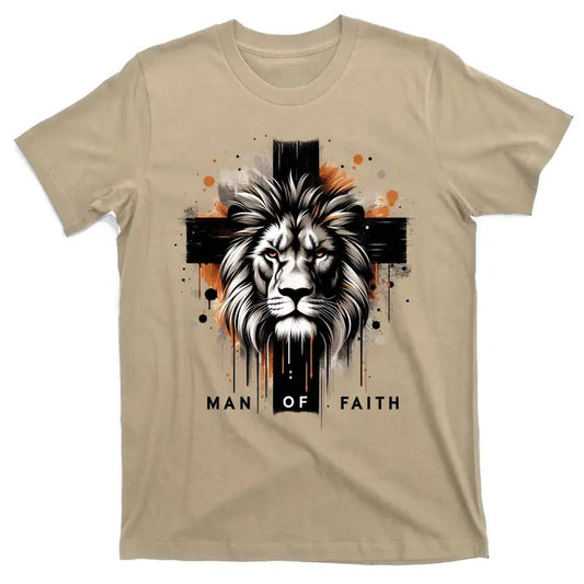 Man Of Faith Lion of Judah Jesus Christ Cross Christian Catholic T-Shirt Crewneck Casual Menswear Streetwear Stylish Tshirt Soft Shortsleeve Classic Tee