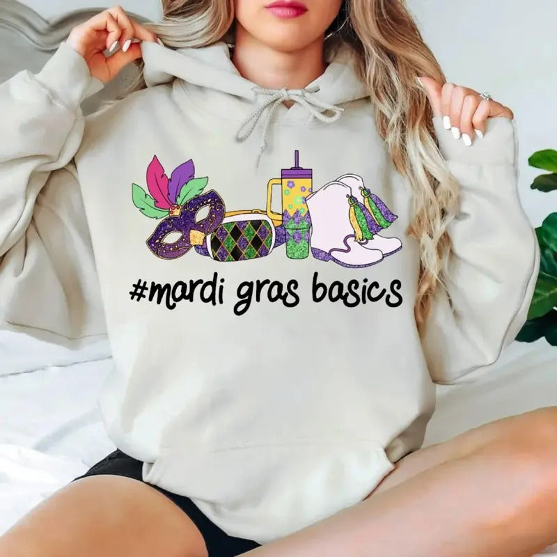Mardi Gras Basics Tshirt Sweatshirt Hoodie, Shake Your Bootie Shirt, Mask Mardi Gras, Retro Fat Tuesday Shirt, Unisex Sweater Pullover Tee