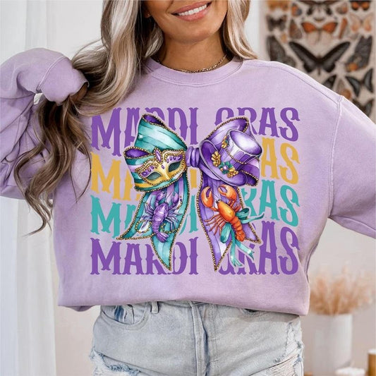 Mardi Gras Coquette sweatshirt-hoodie-tshirt, Retro Mardi Gras tshirt, Fleur De Lis sweatshirt, Glitter, King Cake hoodie, Louisiana Crawfish tshirt, Coquette Bow hoodie