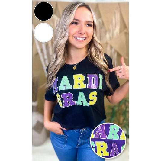 Mardi Gras Sequin Graphic Crop Top T-Shirt