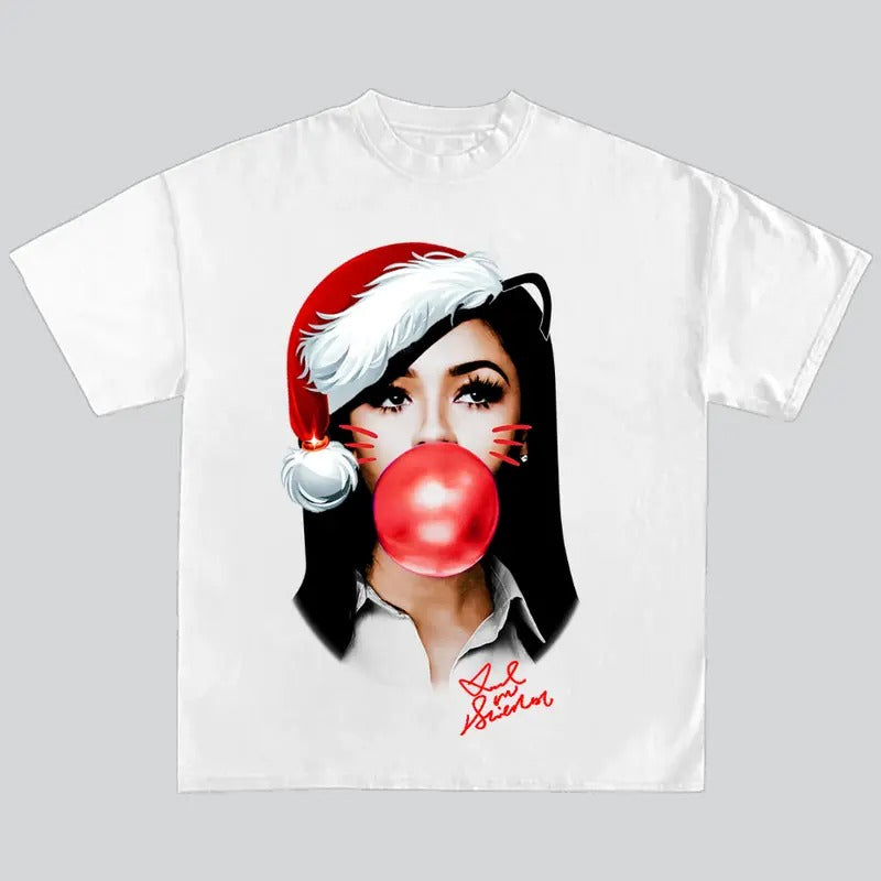 Mariah The Scient Red Kitty Bubble Gum Graphic T-Shirt Mariah Santa Merry Christmas