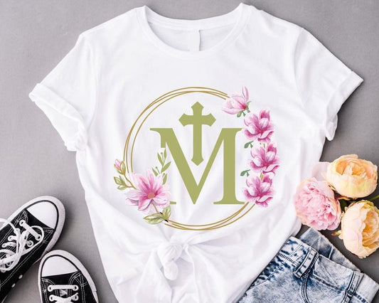 Marian Catholic Shirt, Floral Religious T-Shirt,  M & Faith Cross Tee, Christian Gift Shirt For Woman, Catholic Shirt, Assumption of Mary Shirt.