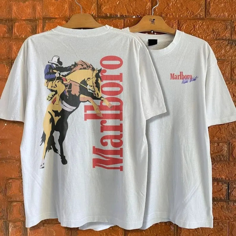 Marlboro Cowboy Wild West T-Shirt Vintage Country Music Shirt Cotton Boho Shirt Rodeo Shirt 2 Sides Available in White and Gray