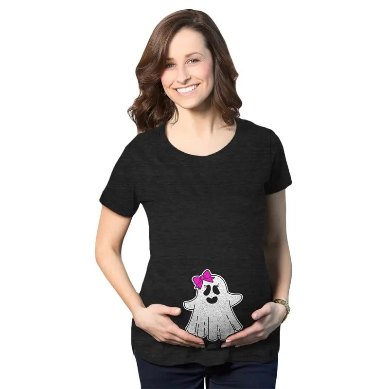 Maternity Baby Girl Ghost Pregnancy T Shirt Cute Funny Halloween Costume Tee Funny Graphic Maternity Tee Cute Pregnancy Tees With Plus Sizes Halloween Maternity Wear Funny Maternity Shirts Black -