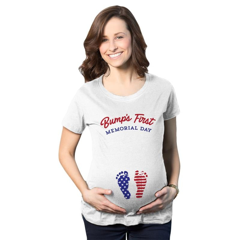 Maternity Bumps First Memorial Day Pregnancy T Shirt Funny Patriotic Tee for Baby Bump Funny Graphic Maternity Tee Cute Pregnancy Tees White