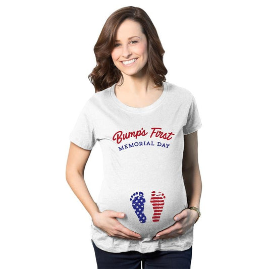 Maternity Bumps First Memorial Day Pregnancy T Shirt Funny Patriotic Tee for Baby Bump Funny Graphic Maternity Tee Cute Pregnancy Tees White