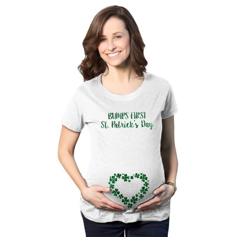 Maternity Bumps First Saint St Patricks Day T Shirt Cute Reveal Pregnancy Tee Funny Graphic Maternity Tee Cute Pregnancy Tees With Plus Sizes Saint Patrick's Day Maternity Wear Funny Maternity Shirts White