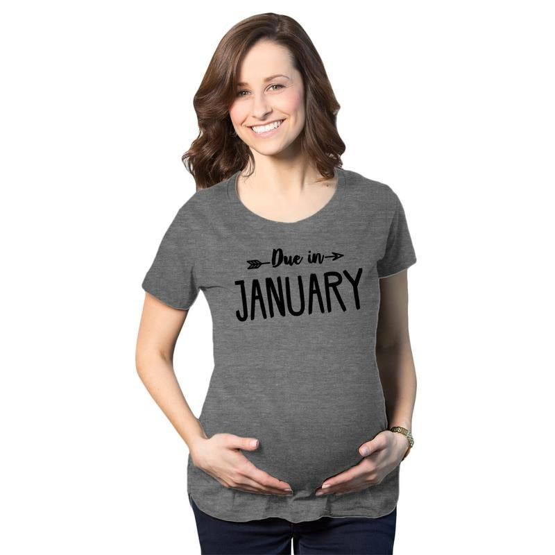 Maternity Due In January Funny T shirts Pregnant Shirts Announce Pregnancy Month Shirt Funny Graphic Maternity Tee Cute Pregnancy Tees With Plus Sizes Funny Maternity Shirts