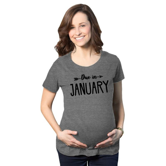Maternity Due In January Funny T shirts Pregnant Shirts Announce Pregnancy Month Shirt Funny Graphic Maternity Tee Cute Pregnancy Tees With Plus Sizes Funny Maternity Shirts