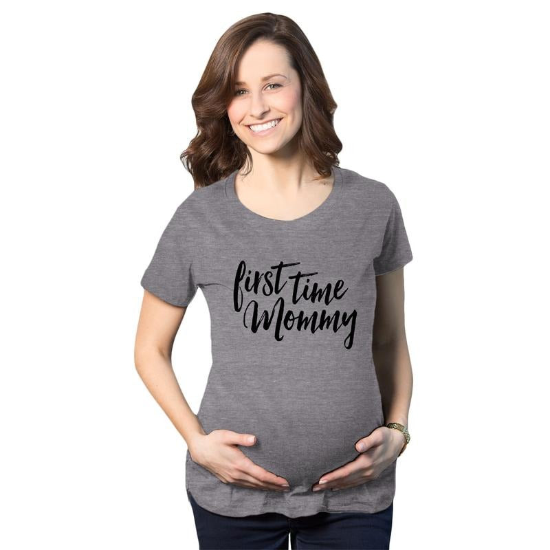 Maternity First Time Mommy Pregnancy T shirt Cute Belly Bump Tee Mother To Be Funny Graphic Maternity Tee Cute Pregnancy Tees With Plus Sizes Mother's Day Maternity Wear Funny Maternity Shirts Dark Grey