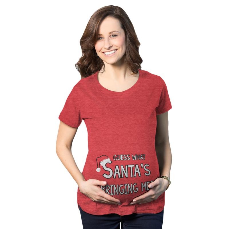 Maternity Guess What Santa Bringing Pregnancy Announcement Funny Christmas Shirt Funny Graphic Maternity Tee Cute Pregnancy Tees With Plus Sizes Christmas Maternity Wear Funny Maternity Shirts Red -