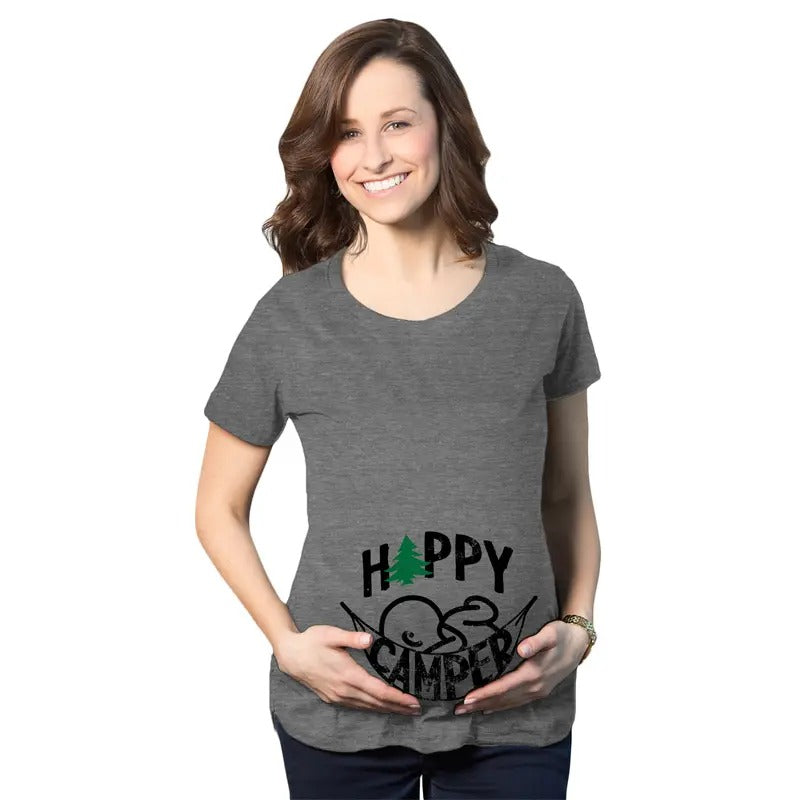 Maternity Happy Camper T Shirt Cute Pregnancy Cool Outdoors Baby Bump Tee Funny Graphic Maternity Tee Cute Pregnancy Tees With Plus Sizes Funny Camping Short Sleeve Funny Maternity Shirts Dark Grey