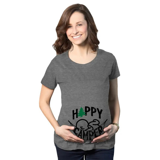Maternity Happy Camper T Shirt Cute Pregnancy Cool Outdoors Baby Bump Tee Funny Graphic Maternity Tee Cute Pregnancy Tees With Plus Sizes Funny Camping Short Sleeve Funny Maternity Shirts Dark Grey