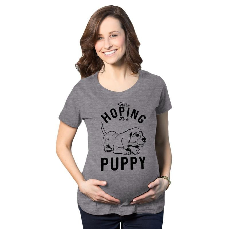 Maternity Hoping Its A Puppy T shirt Funny Sarcastic Pregnancy Announcement Tee Funny Graphic Maternity Tee Cute Pregnancy Tees With Plus Sizes Sarcastic Maternity Wear Funny Dog Short Sleeve Funny Dark Grey