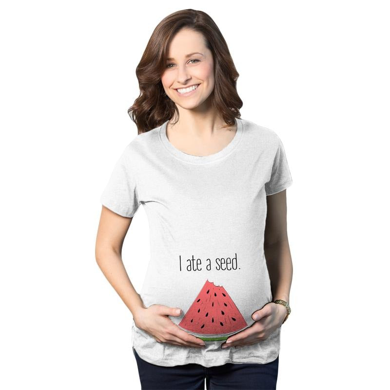 Maternity I Ate A Seed T Shirt Funny Watermelon Pregnancy Tee Funny Graphic Maternity Tee Cute Pregnancy Tees With Plus Sizes Funny Food Short Sleeve Funny Maternity Shirts White