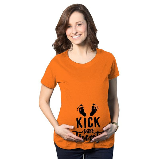Maternity Kick Or Treat T Shirt Funny Halloween Pregnancy Announcement Tee Funny Graphic Maternity Tee Cute Pregnancy Tees With Plus Sizes Halloween Maternity Wear Funny Maternity Shirts Orange