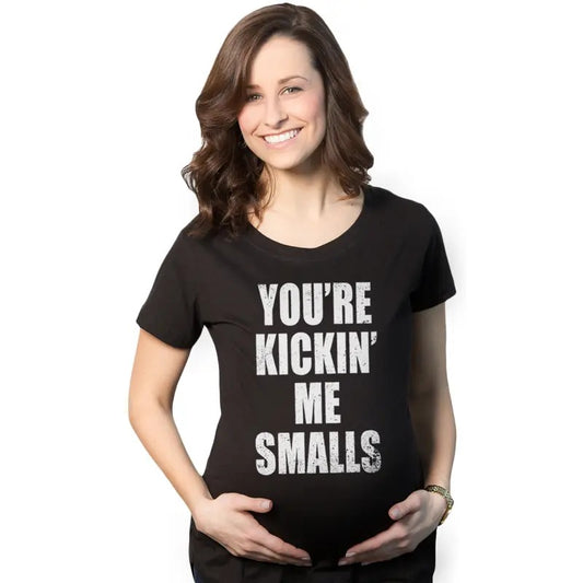 Maternity Kicking Me Smalls Funny T shirt Pregnancy Announcement Novelty Tee Funny Graphic Maternity Tee Cute Pregnancy Tees With Plus Sizes Baseball Maternity Wear Funny Movie Short Sleeve Funny