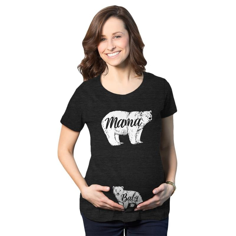 Maternity Mama Bear Baby Pregnancy Announcement T shirt Cute Reveal Bump Tee Funny Graphic Maternity Tee Cute Pregnancy Tees With Plus Sizes Mother's Day Maternity Wear Funny Maternity Shirts Black