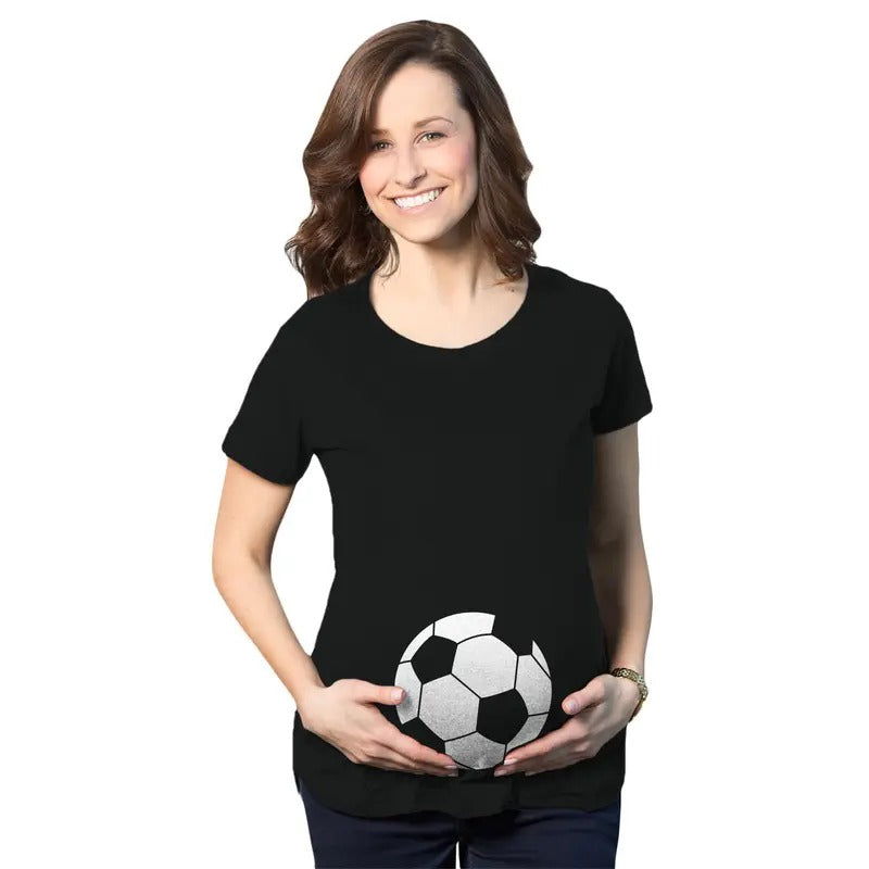 Maternity Soccer Ball Pregnancy T Shirt Cute Soccer Mom Sports Tee for Mom to Be Funny Graphic Maternity Tee Cute Pregnancy Tees With Black