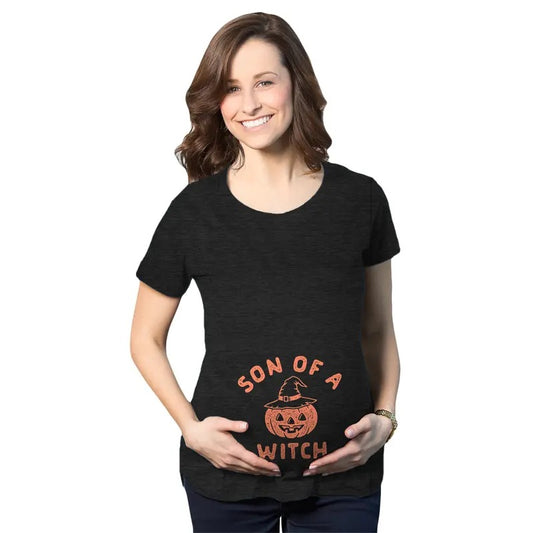 Maternity Son Of A Witch T Shirt Funny Halloween Jack-o-lantern Pregnancy Tee Funny Graphic Maternity Tee Cute Pregnancy Tees With Plus Sizes Halloween Maternity Wear Funny Maternity Shirts Black -