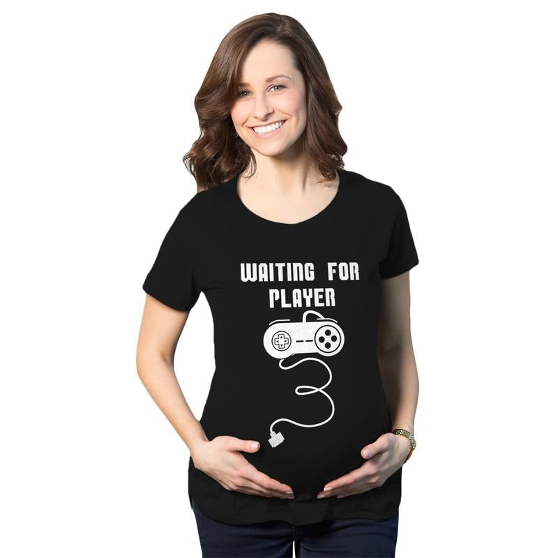 Maternity Waiting For Player Funny Pregnancy Shirt Gamer Tee Funny Graphic Maternity Tee Cute Pregnancy Tees With Plus Sizes Funny Gamer Short Sleeve Funny Maternity Shirts Black