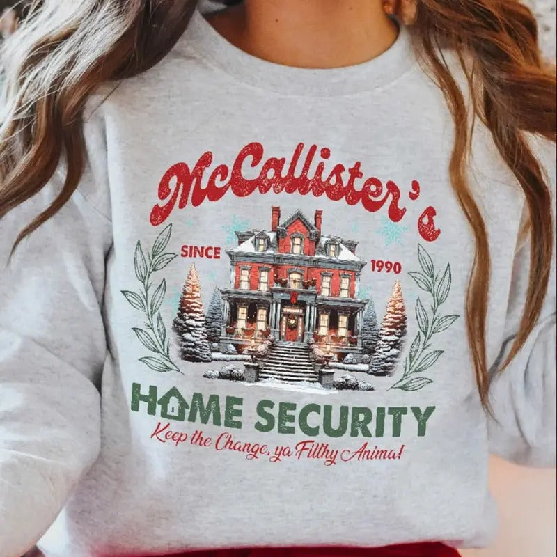 McCallister's Home Security - Unisex Apparel Relaxed Fit Printed In The USA Clothing Womenswear Casual and Comfortable, Christmas Sweatshirt Pullover