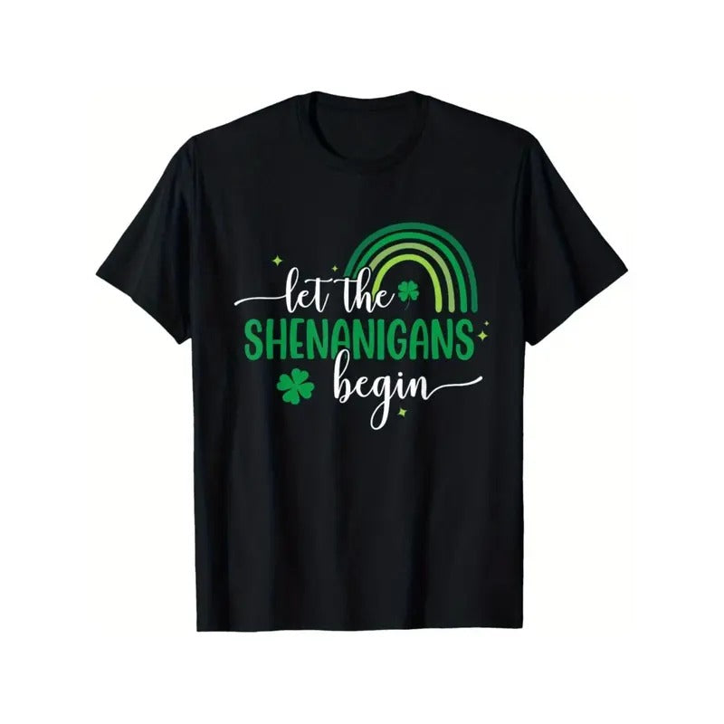 Men'S "Let the Shenanigans Begin" St. Patrick'S Day T-Shirt - 100% Cotton, Black with Green Shamrock Graphics, Casual Crew Neck Short Sleeve Tee, Ideal for Daily Wear & Celebrations, Sizes S-3XL Regular-Fit, gift ware made in usa