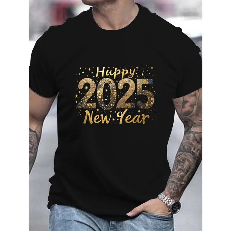 Men'S 2025 Happy New Year 3D Print T-Shirt, Casual Round Neck, Short Sleeve, Summer Cotton Top, Adult Fashion, Regular Fit, Stretch Fabric, Slogan Design Made in USA