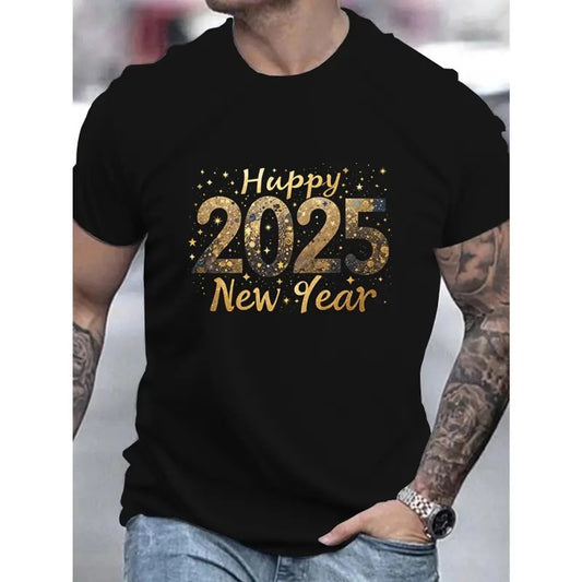 Men'S 2025 Happy New Year 3D Print T-Shirt, Casual Round Neck, Short Sleeve, Summer Cotton Top, Adult Fashion, Regular Fit, Stretch Fabric, Slogan Design Made in USA