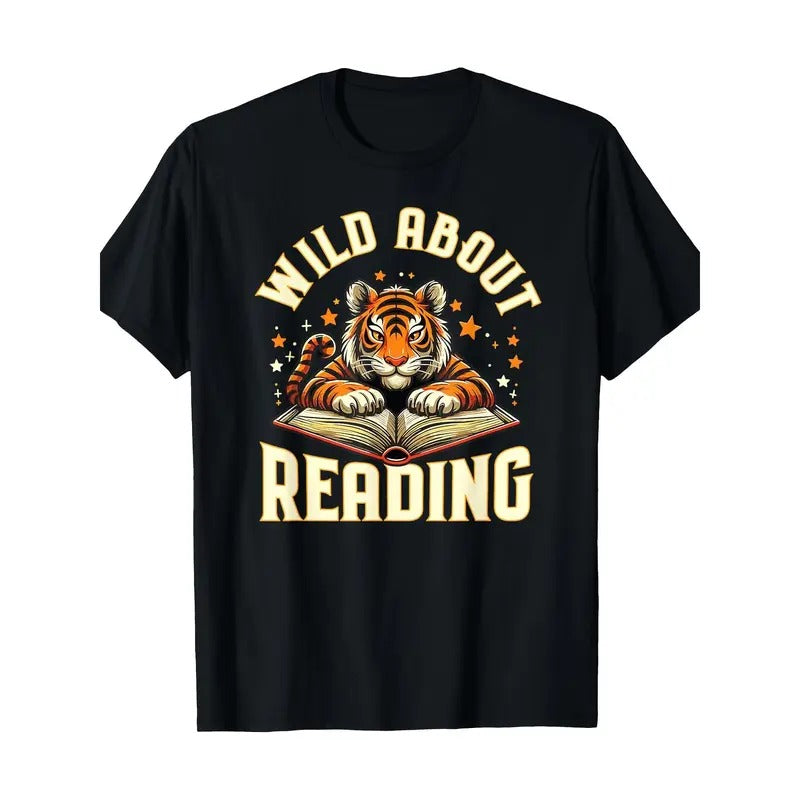Men'S Casual Cotton T-Shirt with "Wild About Reading" Tiger Graphic - Geometric Pattern, Round Neck, Stretch Fabric, Suitable for Sports, Yoga, Running, Training, Parties, and Gifts for All Occasions Made in USA