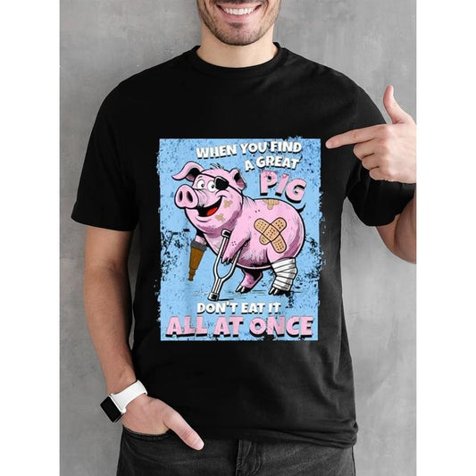 Men'S Casual Cotton T-Shirt with Funny Pig Graphic, Crew Neck, Short Sleeve, Regular Fit, Printed Tee for All Seasons, 220g made in usa
