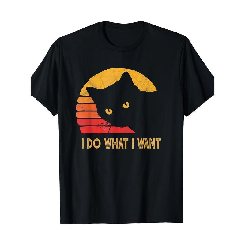 Men'S Casual Cotton T-Shirt with Retro Cat Graphic, Crew Neck, Short Sleeve, Regular Fit, All-Season - 100% Cotton Digital Heat Transfer Print Made in USA