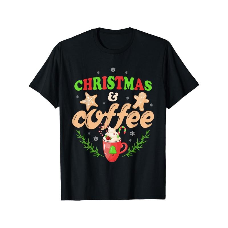 Men'S Christmas& Coffee Graphic T-Shirt, 100% Cotton, Casual Crew Neck, Short Sleeve, Regular Fit, with Slight Stretch, for Daily& Festive Wear, All-Season Knit Fabric made in usa