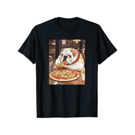 Men'S English Bulldog & Pizza Print T-Shirt, 100% Cotton, Crew Neck, Short Sleeve, Slight Stretch, All-Season, Sports Style, Regular Fit, Pet Lovers & Food Festival Graphic Tee, S-XXXL, Black made in usa