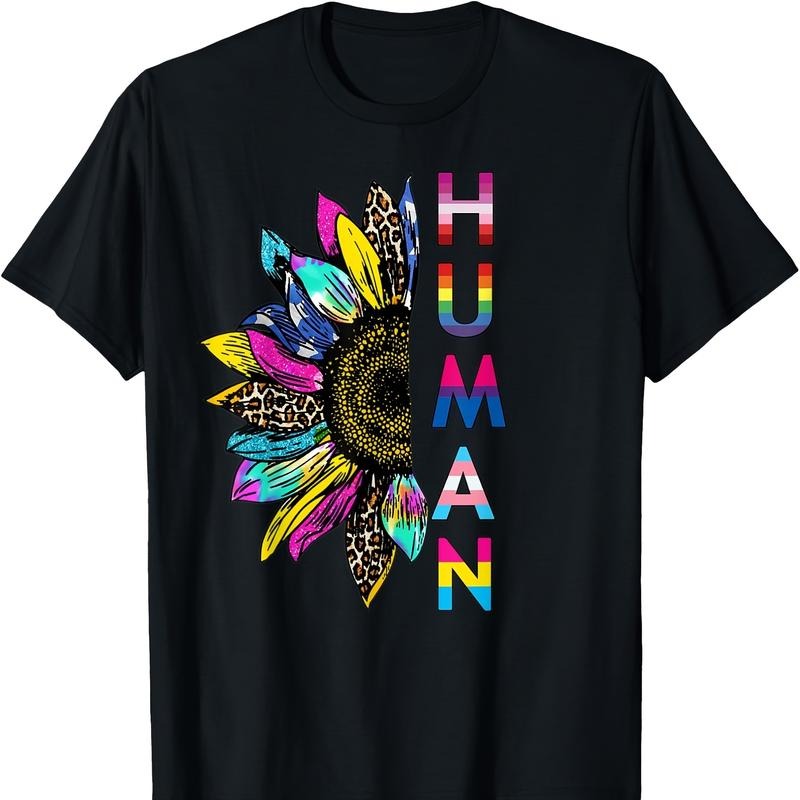 Men'S Human Pride Sunflower Graphic T-Shirt - Cotton Cartoon Pattern - Short Sleeve, Regular Fit, Knit Fabric Top with No Pocket made in usa