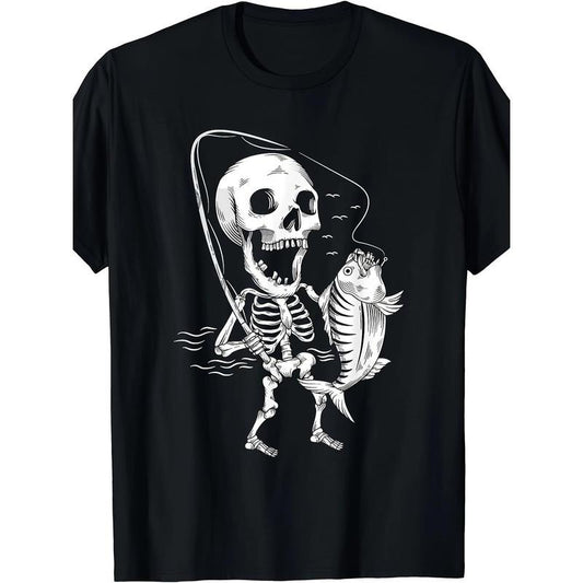 Men'S Skeleton Fisherman Graphic T-Shirt - 100% Cotton Crew Neck Tee, Short Sleeve, Regular Fit, All-Season Casual Top with Geometric-Pattern Print, Digital Direct Injection, Medium Stretch Knit Fabric- Mature Style for Daily Wear Made in USA