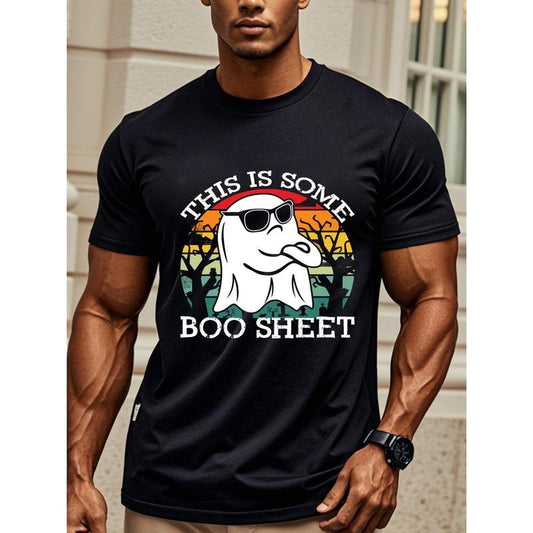 Men'S Vintage-Inspired Cotton T-Shirt, Crew Neck, Short Sleeve, Regular Fit, 100% Cotton, Medium Stretch, with Geometric Ghost Graphic, for Daily & Casual Wear, All-Season Knit Fabric Made in USA