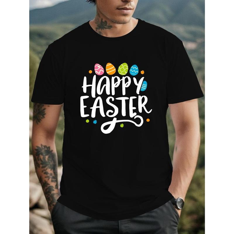 Men's "Happy Easter" Graphic Print T-shirt For Summer, Casual Stylish Short Sleeve Tees For Males, Street Style Tops Made in USA
