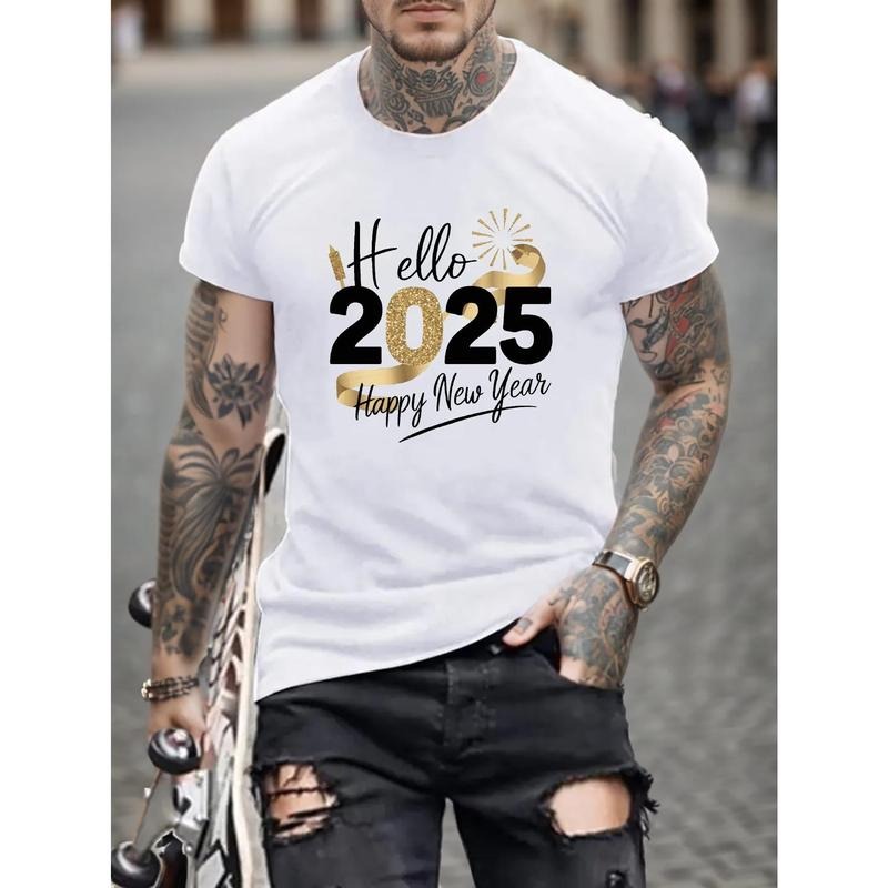 Men's "Hello 2025 Happy New Year" Firework Print T-Shirt, Casual Short Sleeve Cotton Tee, Round Neck, Stretch Fabric, Summer Fashion Top for Adults Made in USA