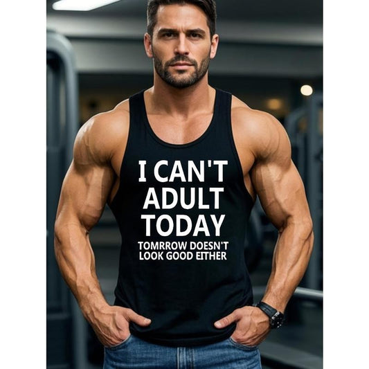 Men's 'I Can't Adult Today, Tomorrow Doesn't Look Good Either' Cotton Blend Sleeveless Tank Top - Soft, Breathable & Comfortable for All-Season Sports & Casual Wear, Black with White Print, Made in USA